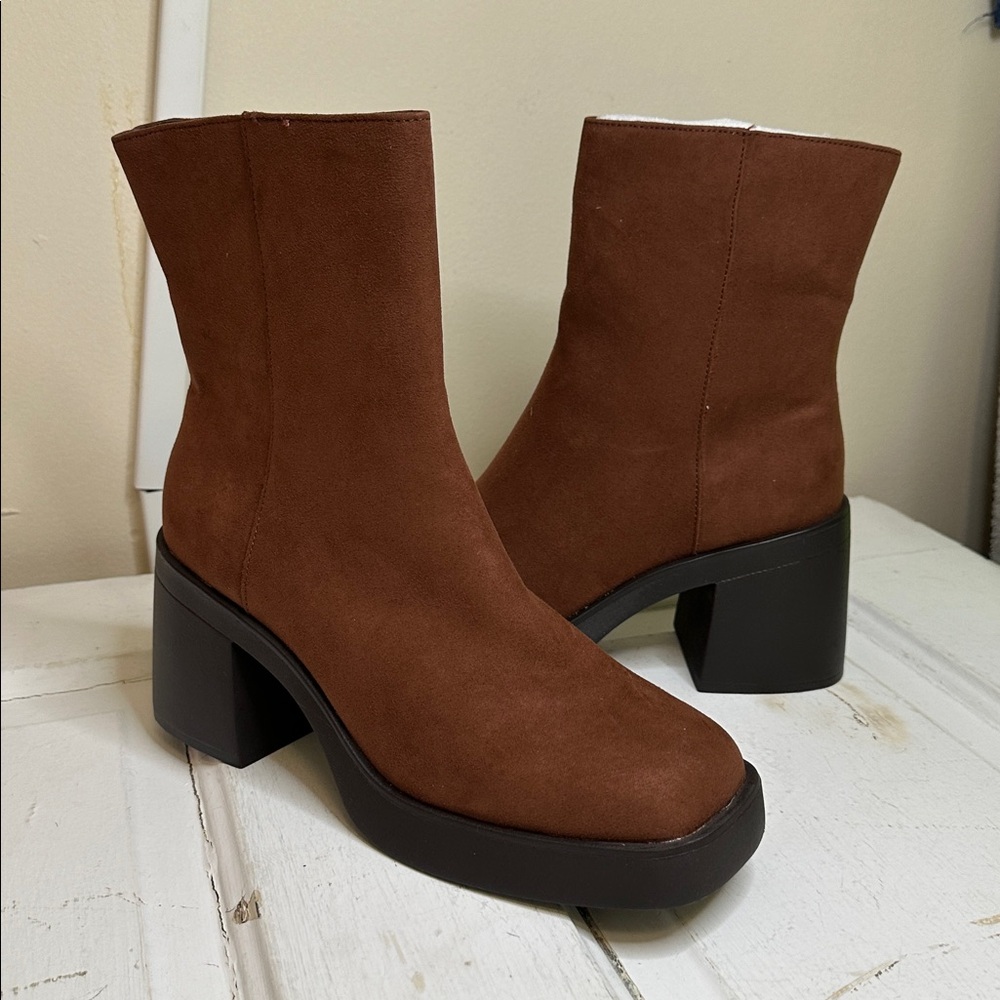 Sun + Stone Chestnut Faux Suede Block Heel Boots - Picture 1 of 4